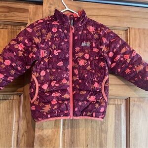 REI Maroon Fall Print Down Puffer- Kids jacket, 4T